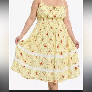 Floral beauty and the beast Belle Yellow Midi Dress with Lace Trim
